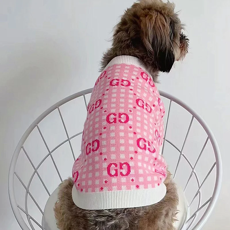 

Модный розовый вязаный свитер, одежда для домашних животных, кардиган с надписью G, одежда для собак, теплый кавайный Повседневный осенне-зи...