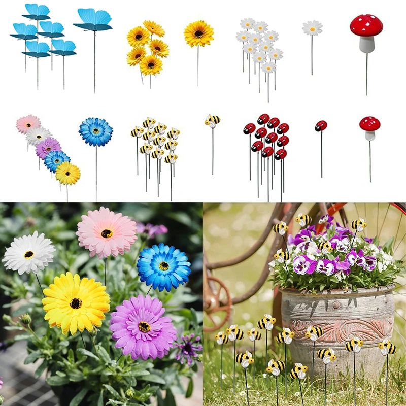 

5/10pcs Garden Stakes Decoration Bee Yard Stakes Sunflower Daisy Flower Insertion Rod Ladybug Animal and Plant Garden Outdoor