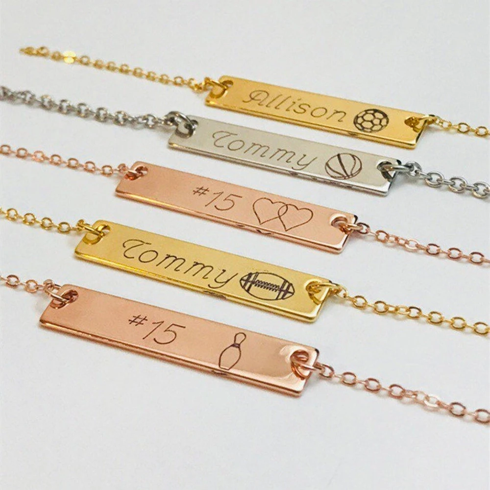 

Engraved Name Bar Pendant Custom Necklace Jewelry Sports Football Basketball Rugby Bowling Personalized Stainless Steel Necklace