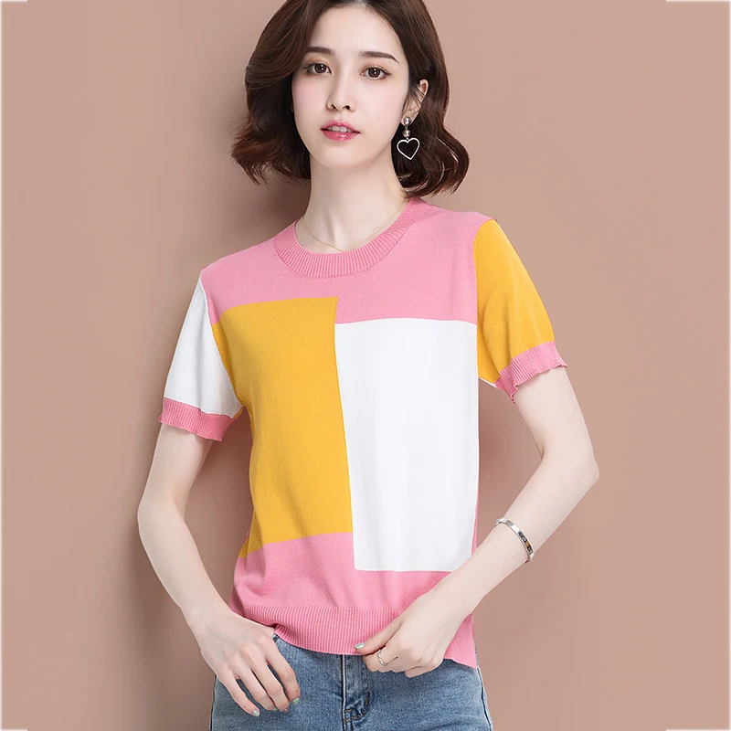 

Camisetas De Mujer Knitted Thin T Shirt Women Hit Color Short Sleeve Tshirt O-Neck Summer Tops 2022 T Shirts Loose Woman Clothes