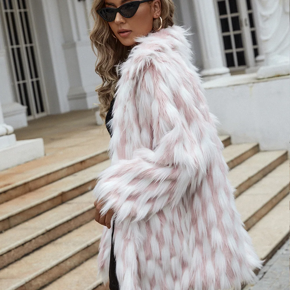 Women's Leather Fur Coat Mid-Length Contrast Color Stand-up Collar Faux Fur Coat Women's Autumn and Winter Faux Fur Coat