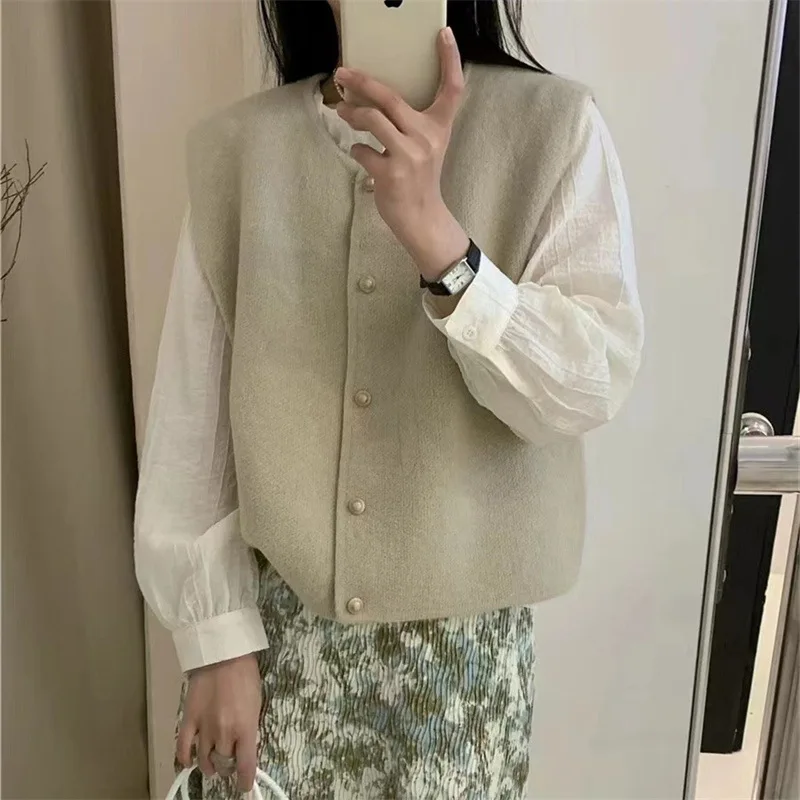 Однотонный вязаный жилет с круглым вырезом Осенний новый товар однобортный