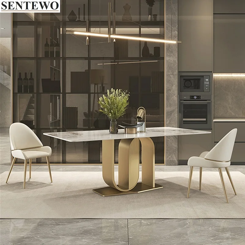 

Luxury Rock Slab Dining Room Table Set 4 Chairs Metal Titanium Glaze Gold Base Faux Marble Table Chair Set Muebles De La Sala