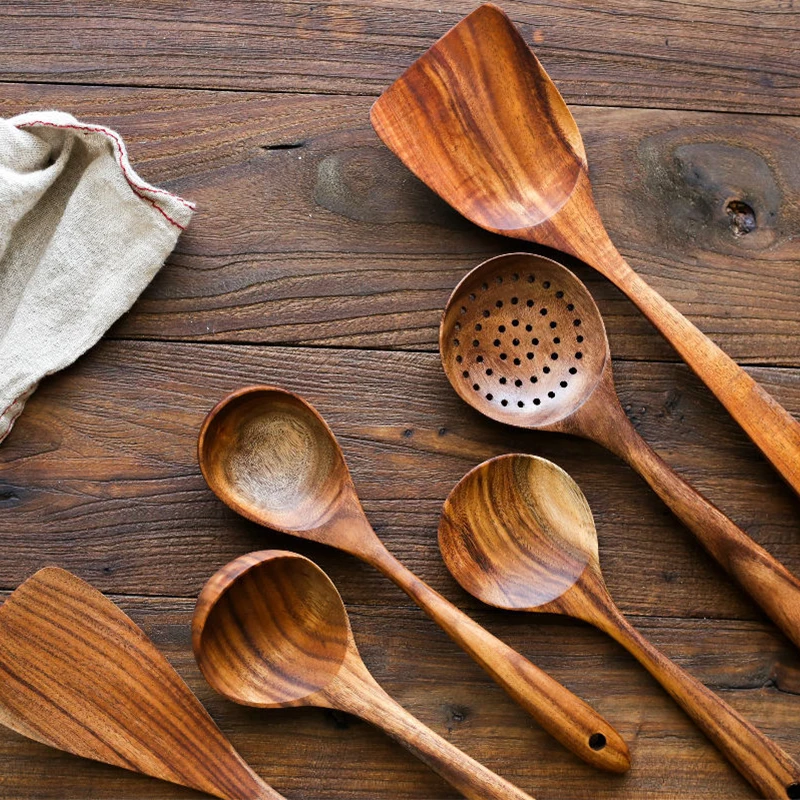 

Teak Natural Wood Utensils Set Tableware Spoon Nonstick Dedicated Shovel Heat Wooden Pan Soup Spatula Cooking Scoop Kitchenware