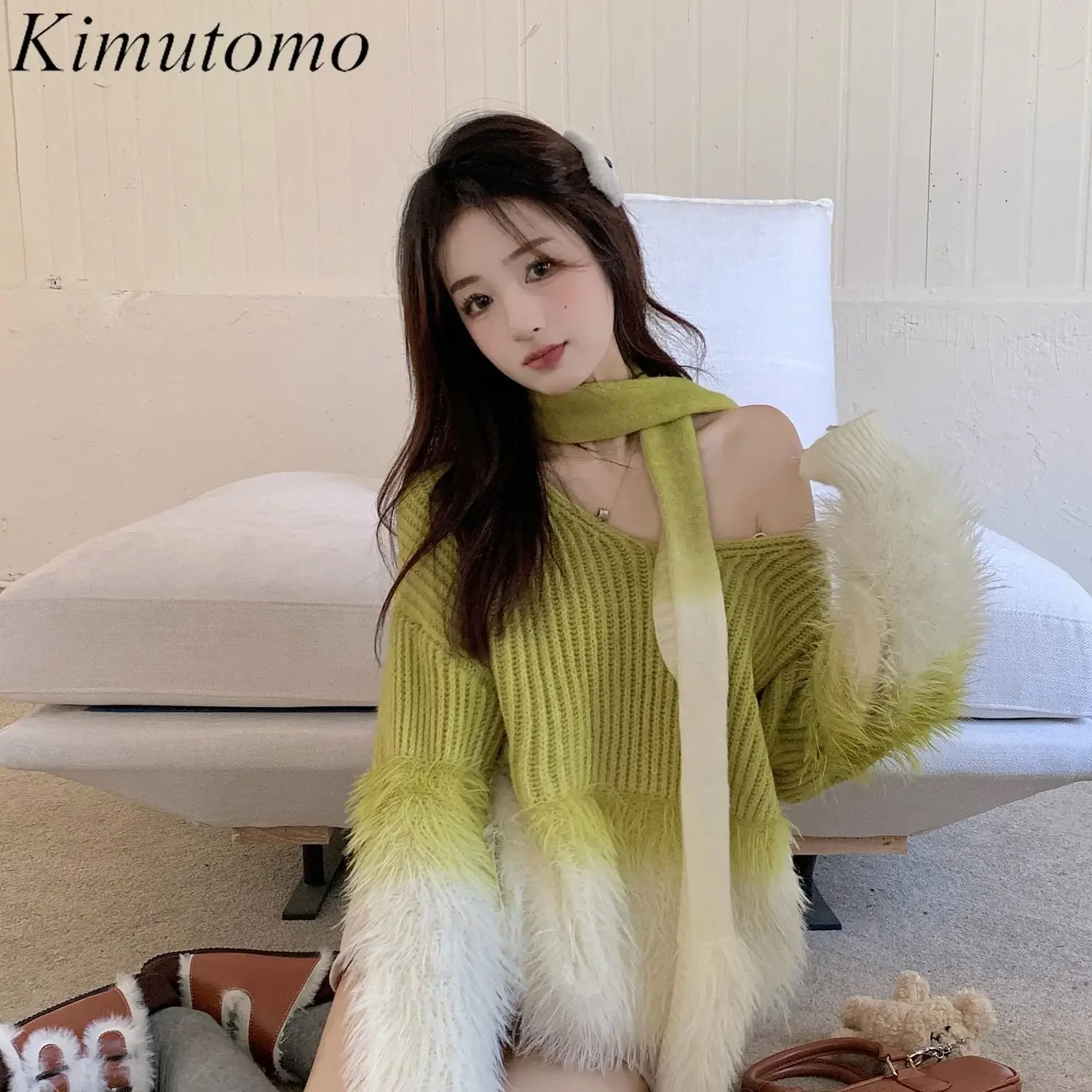 Kimutomo градиентный цвет большой свитер женский с v-образным вырезом из норки