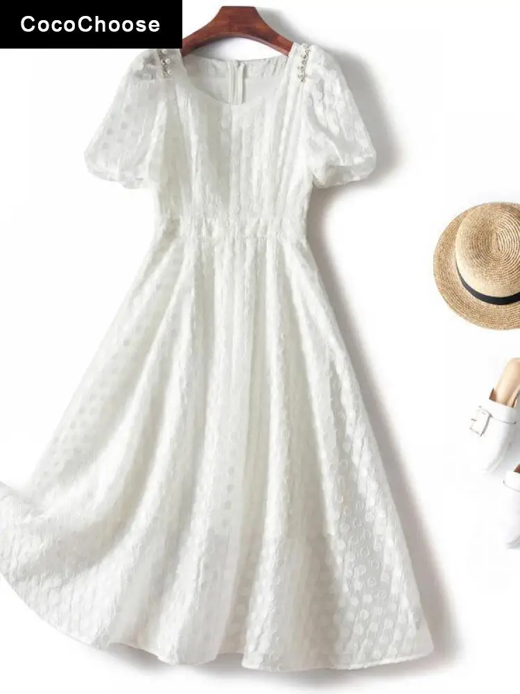 

Diamonds Beaidng Designer Dress Women Luxury 2022 Runway Summer Square Collar Puff Sleeve Jacquard Elegant Midi White Dresses