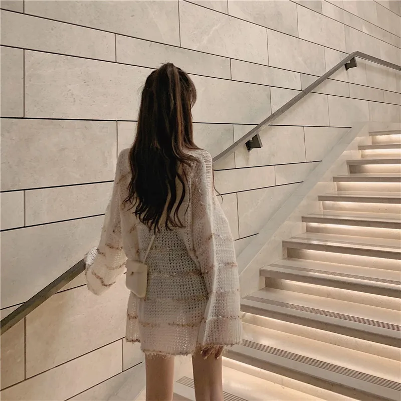 Женский свободный трикотажный свитер в полоску Повседневный пуловер оверсайз с