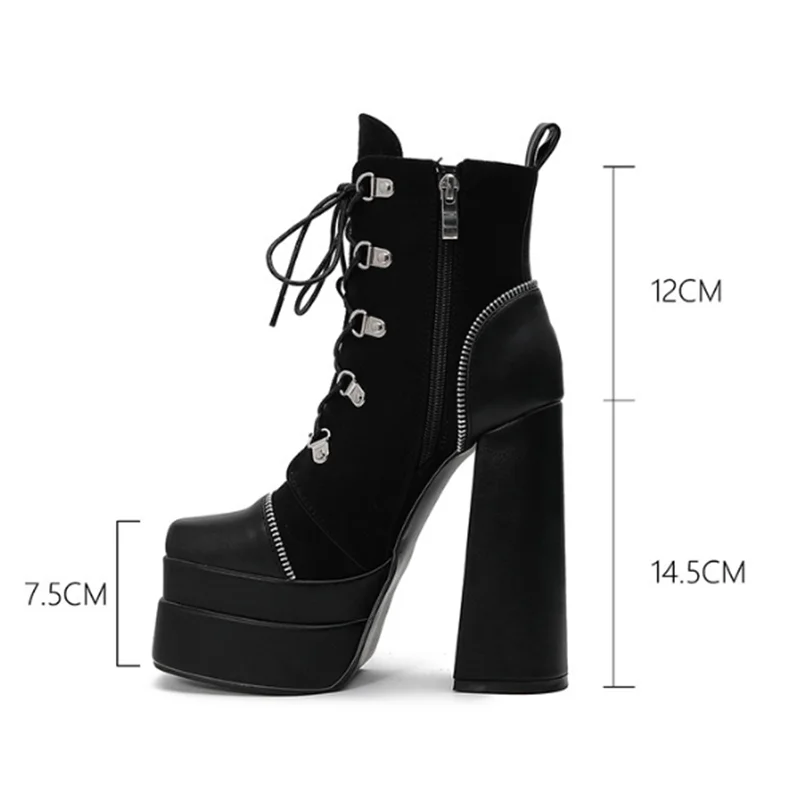 High Double Platform Women Lace Up Short Ankle Boots Thick Heel Shoes Square toe Ladies Custom Shoe 14.5cm Heels
