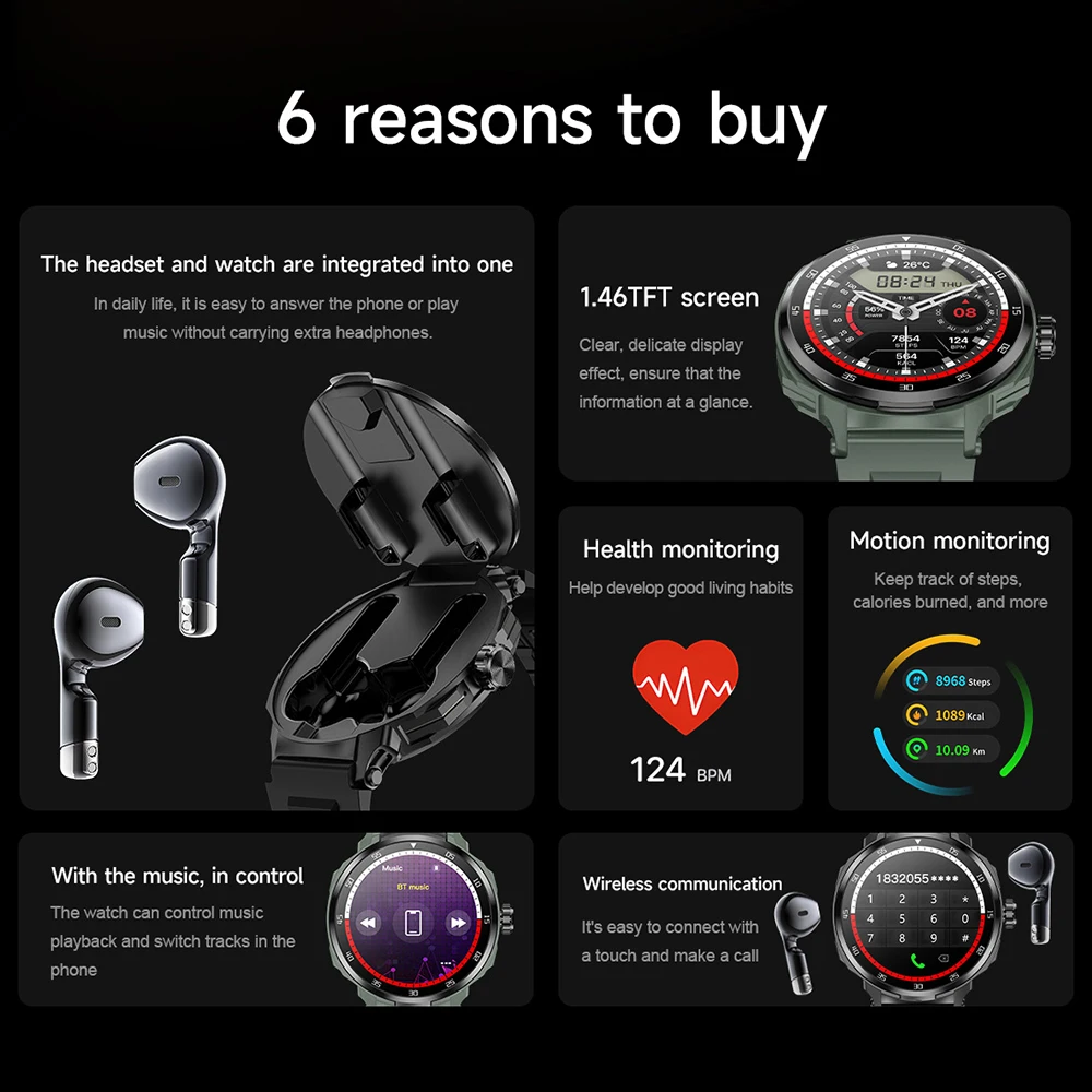 2024 Новые TWS Bluetooth наушники 2-в-1 мужские умные часы пульсометр мониторинг кислорода