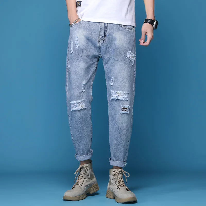 

Men Clothes 2023 Hip Hop Stretchy Ripped Skinny Biker Jeans Destroyed Hole Taped Slim Fit Denim Casual Straight Denim Pants