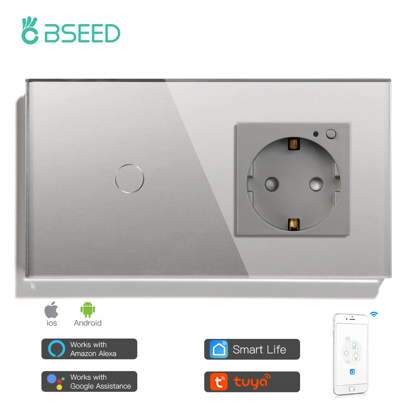 

BSEED EU Standard Light Switches Wifi Touch Switch Plus Smart Plug Work With Tuya Smart Life App Google Alexa Voice Control