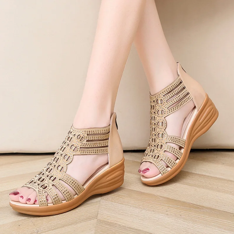 Crystal Sandals Women Wedges Comfortable High Heels Hollow Out Zipper Sandals Women Shoes Comfortable Flat Stylish Sandals