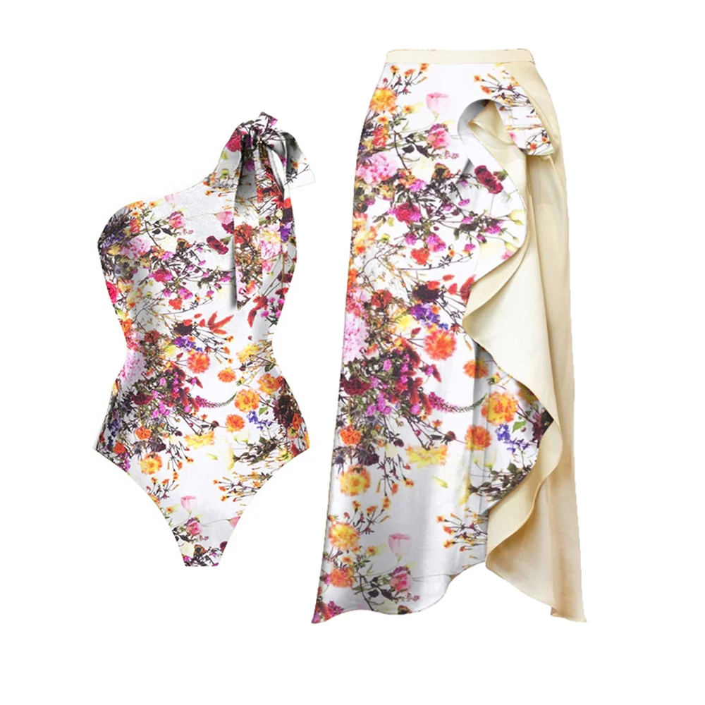 

One Shoulder Swimwuit One Piece Floral Print Women Swimwear 2023 New Ruffled Beachwear Holiday Bathing Swimming Suits Luxury