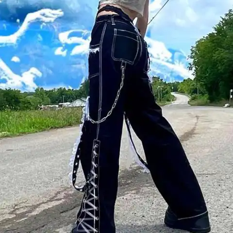 Женские джинсы со шнуровкой Waatfaak, Черные Мешковатые брюки-карго в стиле панк 90-х годов, уличная одежда с карманами и широкими штанинами, джин...