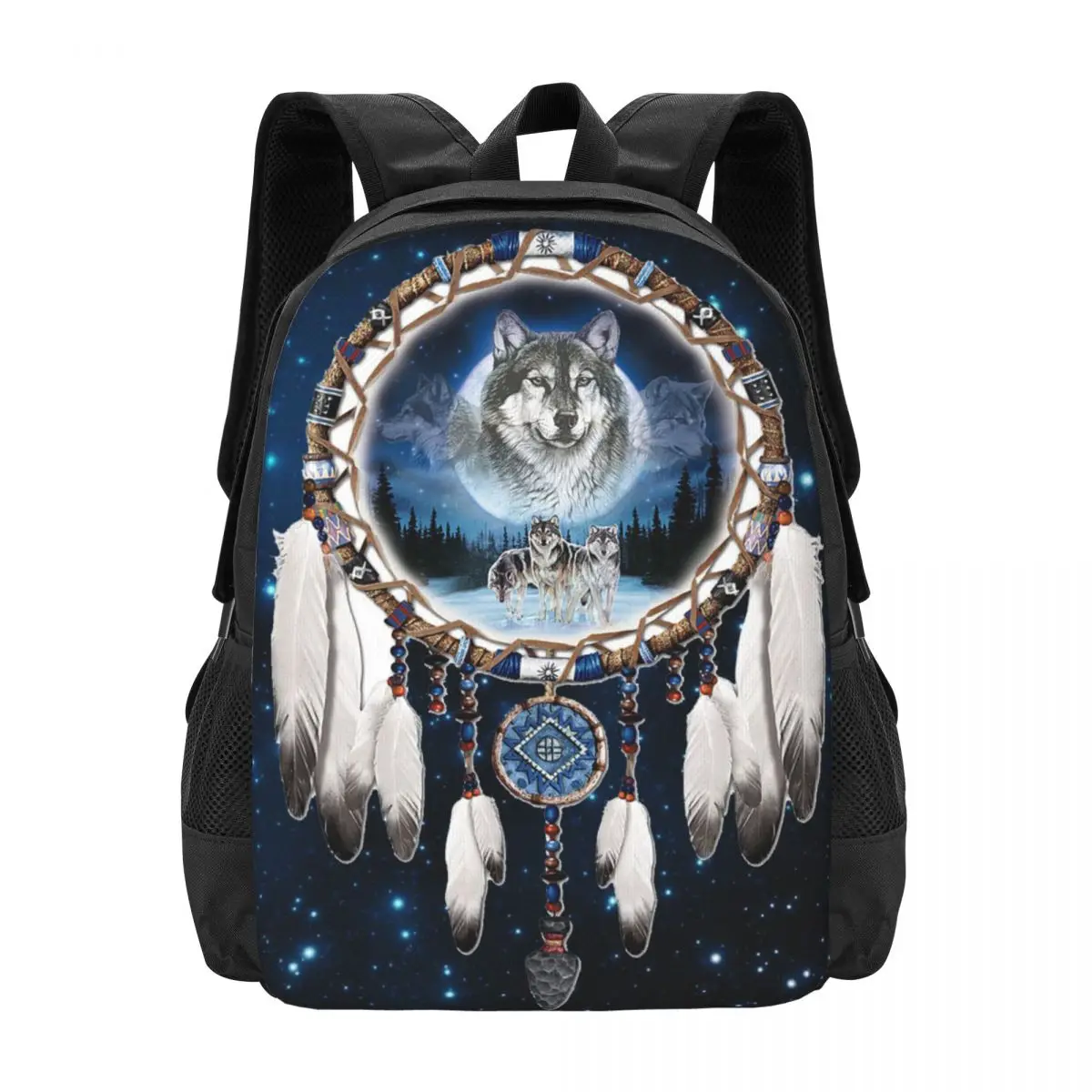 

Wolf And Indian Dream Catcher Simple Stylish Student Schoolbag Waterproof Large Capacity Casual Backpack Travel Laptop Rucksack