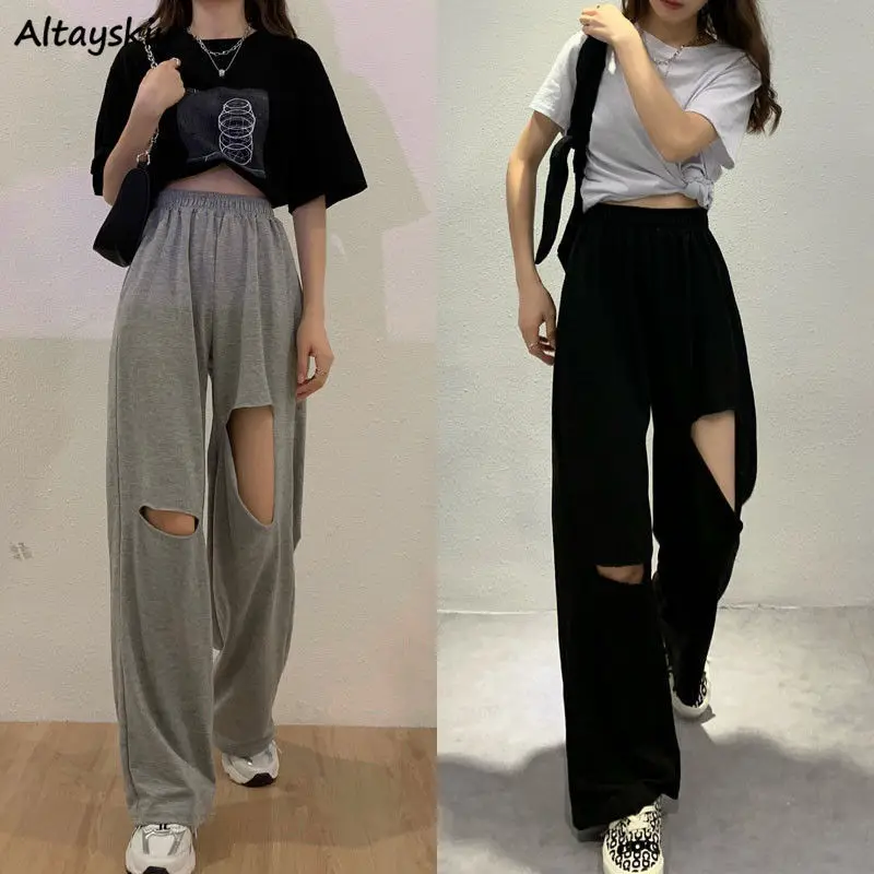 

Hole Casual Pants Women Wide Leg Baggy-pants Korean Style Elastic Waist Mopping Gym Empire Trousers Design Daily Trendy Chic New