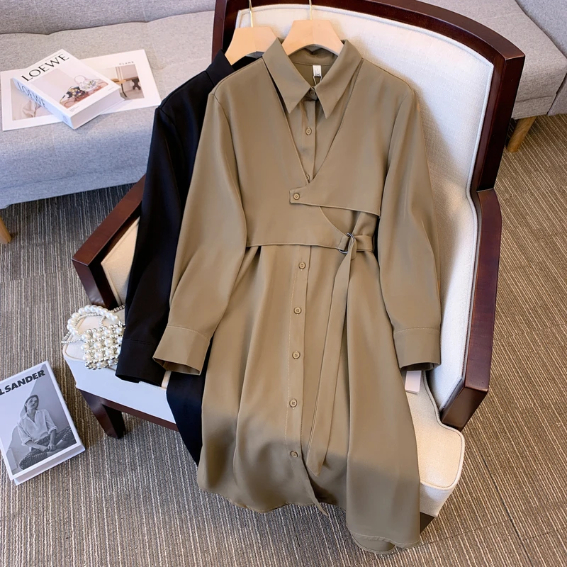 

11180 Dresses Women Autumn Fake Two Piece Suit Lacing Waist Long Sleeve Button Solid Color Casual Fashion 2022 Thin Female Dress