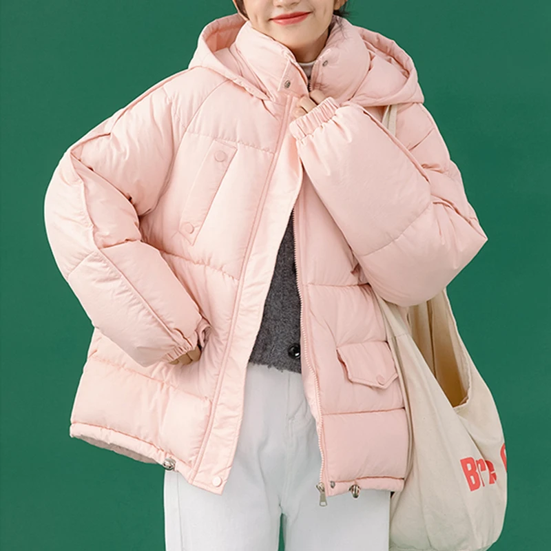 Women Casual Loose Solid Simple Winter Hooded Thick Jacket Female Small Fresh College Style Coat Warm Parkas Teen Girls Overcoat