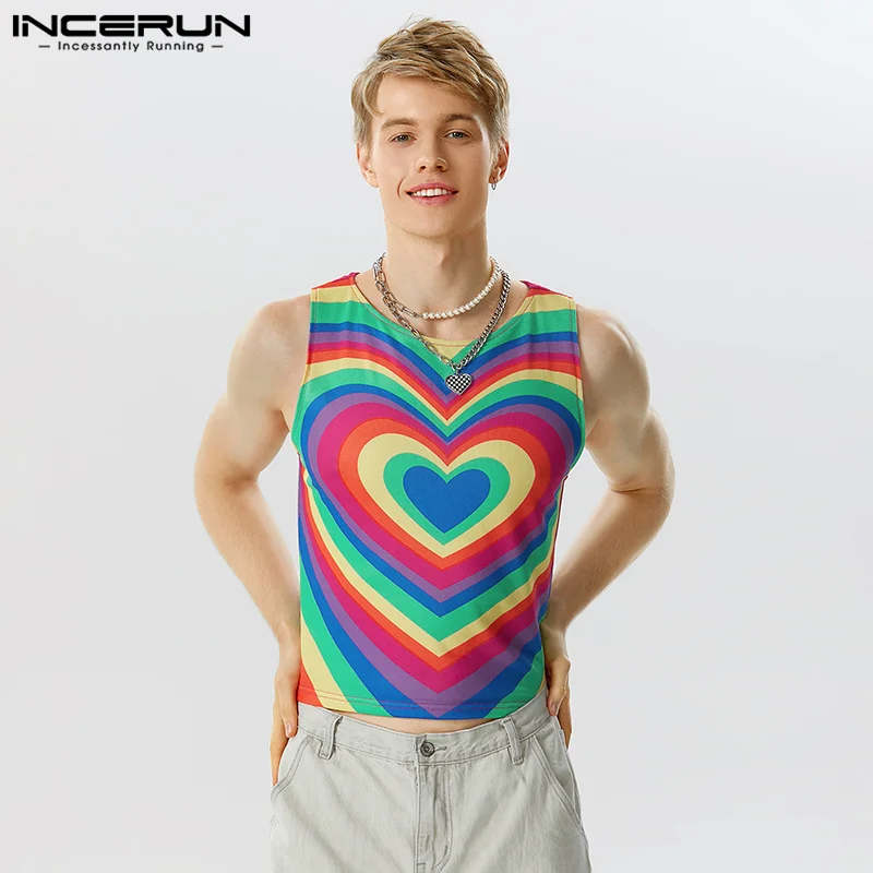 

Party Shows Style Tops INCERUN Handsome Men's Gradient Color Love Pattern Vests Casual Male Hot Sale Sleeveless Waistcoat S-5XL