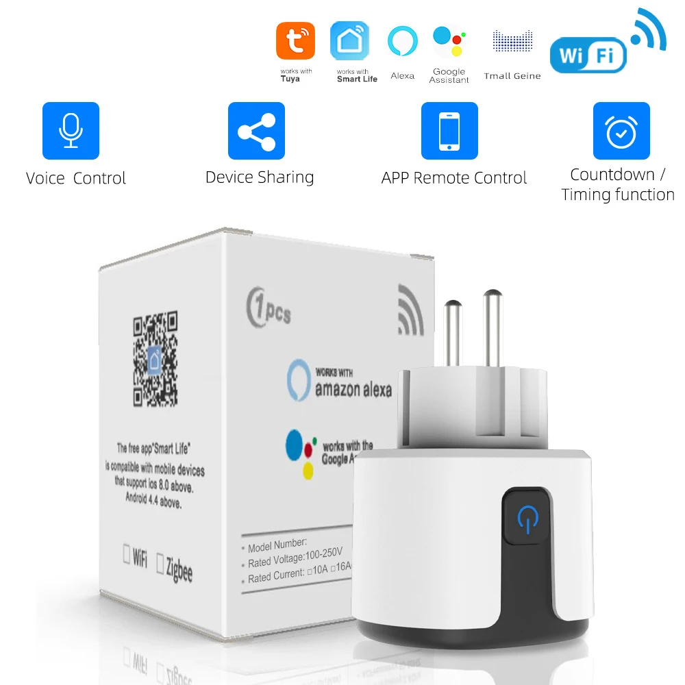 

Smart Socket EU 16A/20A Tuya Wifi Plug With Power Monitor timer Function, Support Smart Life APP Yandex Alice Alexa Google Home