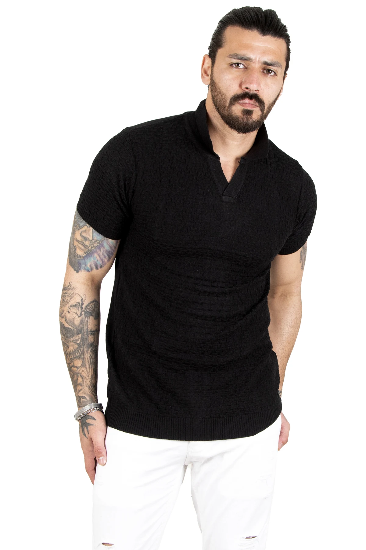 

DeepSEA knitted patterned lycra narrow cut Polo collar men's t-shirt 2209003