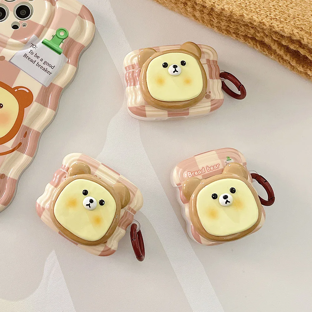 

INS Korea Checkerboard Cute Brown 3D Bear Head Bluetooth Earphone Case For Airpods 1 2 3 Toast Headphone Cover For Airpods Pro 2