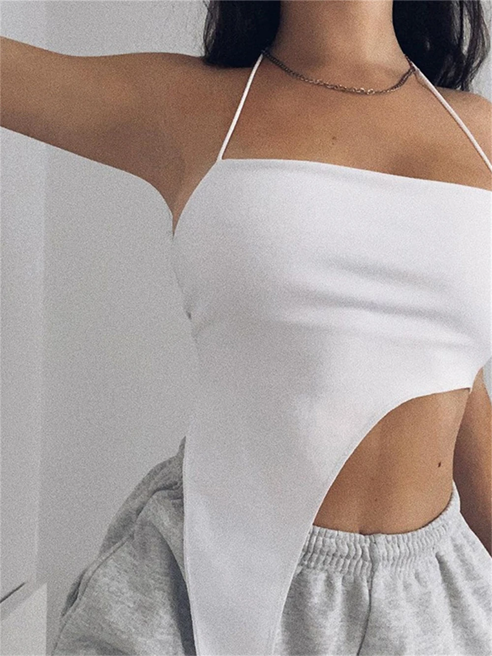 Асимметричный укороченный топ с лямкой на шее Y2k, женская сексуальная клубная одежда, белые модные однотонные майки, Женская Асимметричная ...