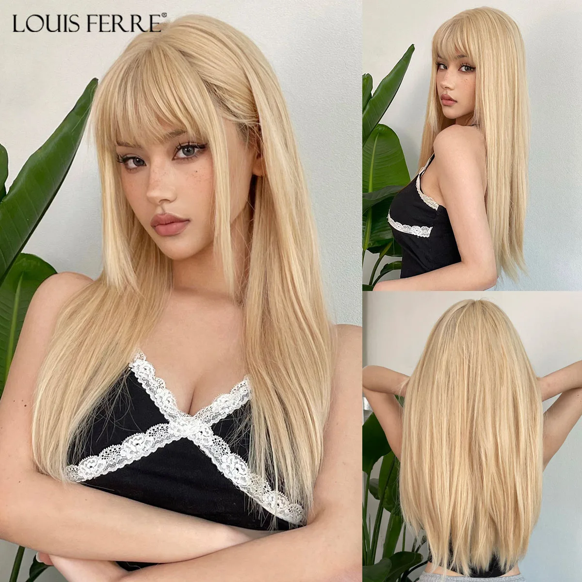 

LOUIS FERRE Light Golden Blonde Synthetic Hair Long Straight Wigs for Women Daily Cosplay Heat Resistant Fake Hair With Bangs
