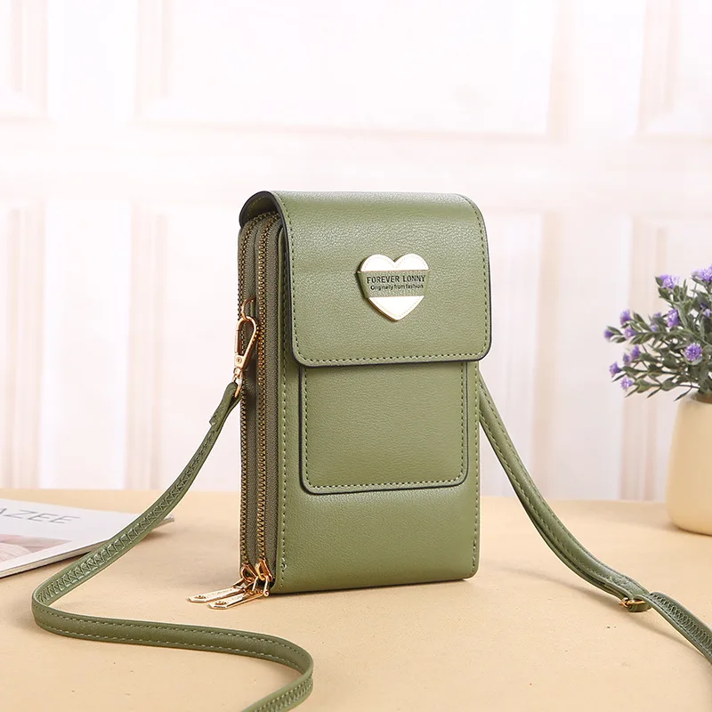 Women's Bags Soft Love Hearts Wallets Touch Screen Mobile Phone Pouch Crossbody Shoulder Handbag for Female Cheap Purse Leather