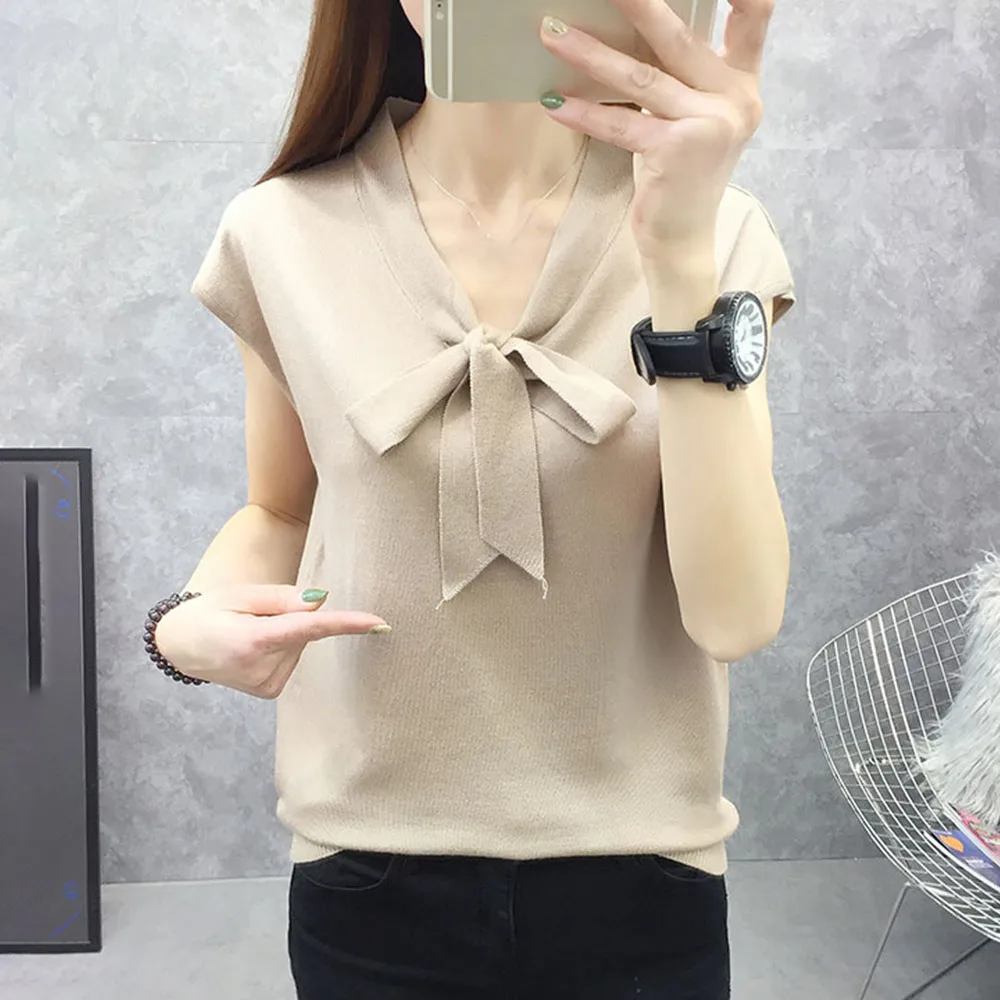 

Casual Ladies Clothes New Korean Fashion Loose Ice Silk T-shirt Bat Sweater V-neck Tie Bow Female 2022 Short Wild Top
