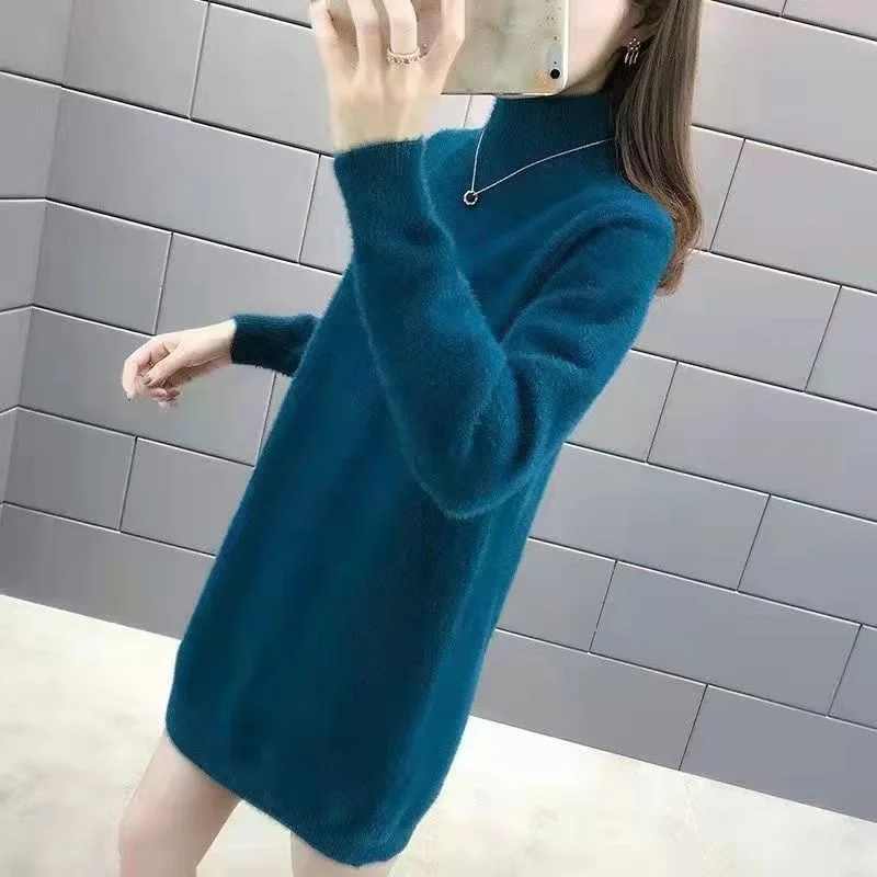 

Mink wool new autumn and winter stand collar sweater women's medium and long knitted imitation mink bottomed sweater fashion