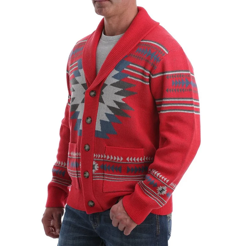 Men's Fashion Long-sleeved Single-breasted Jacquard Sweater Spring and Autumn Red Cardigan Lapel Knitted Jacket Man Coat