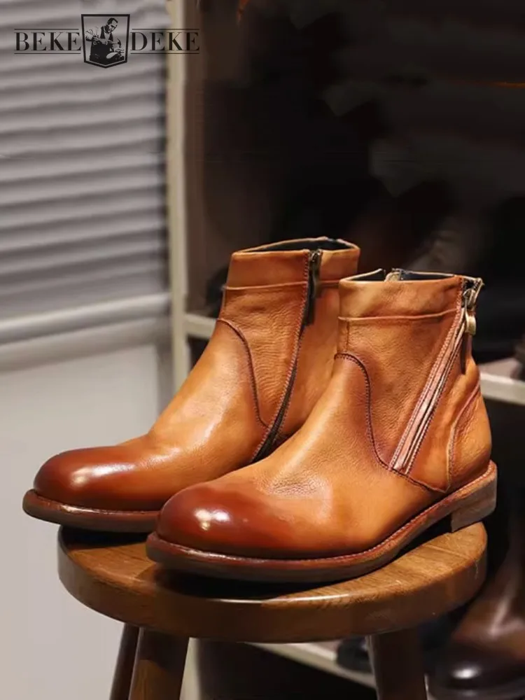 

Винтажные мужские ботинки челси из натуральной воловьей кожи в британском стиле, деловые Повседневные высокие ботинки на молнии с круглым носком, искусственная кожа