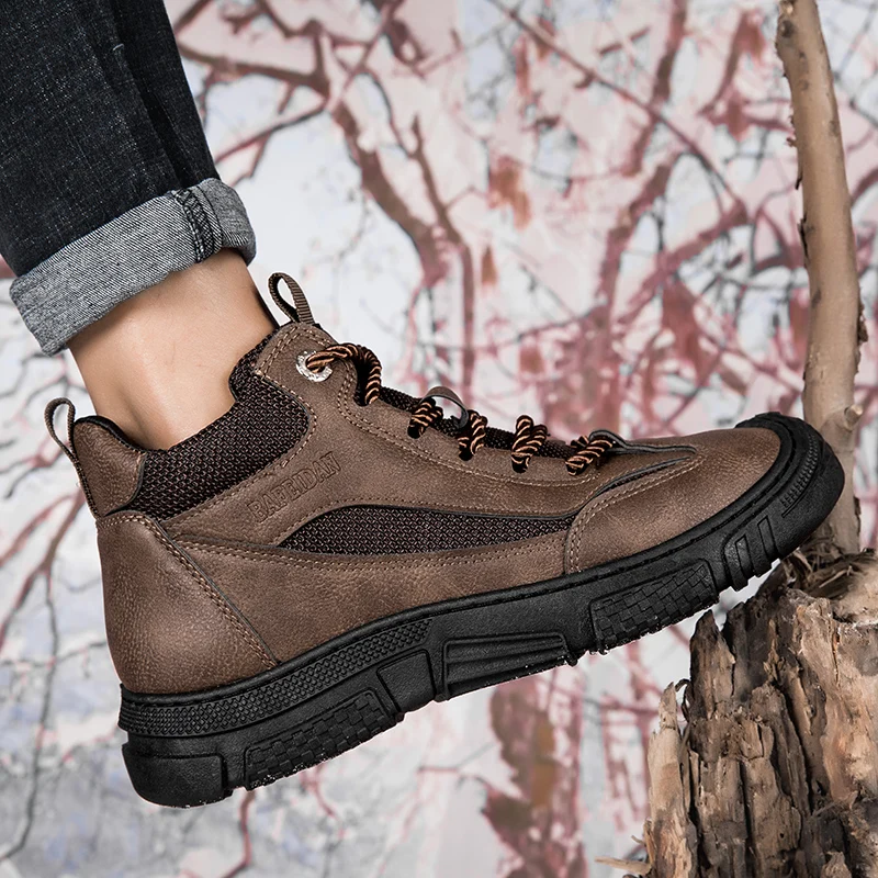 STRONGSHEN Men Leather Boots High Top Hiking Shoes Mans Footwear Outdoor Casual Non-slip Work Boots Fashion Ankle Botas Desert B