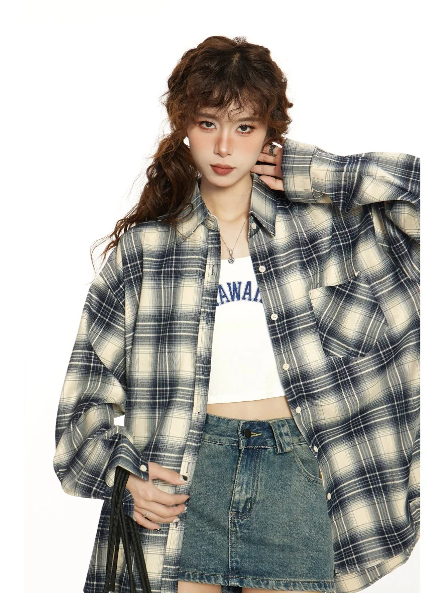 Американские клетчатые рубашки с длинными рукавами Верхняя одежда Женская весна