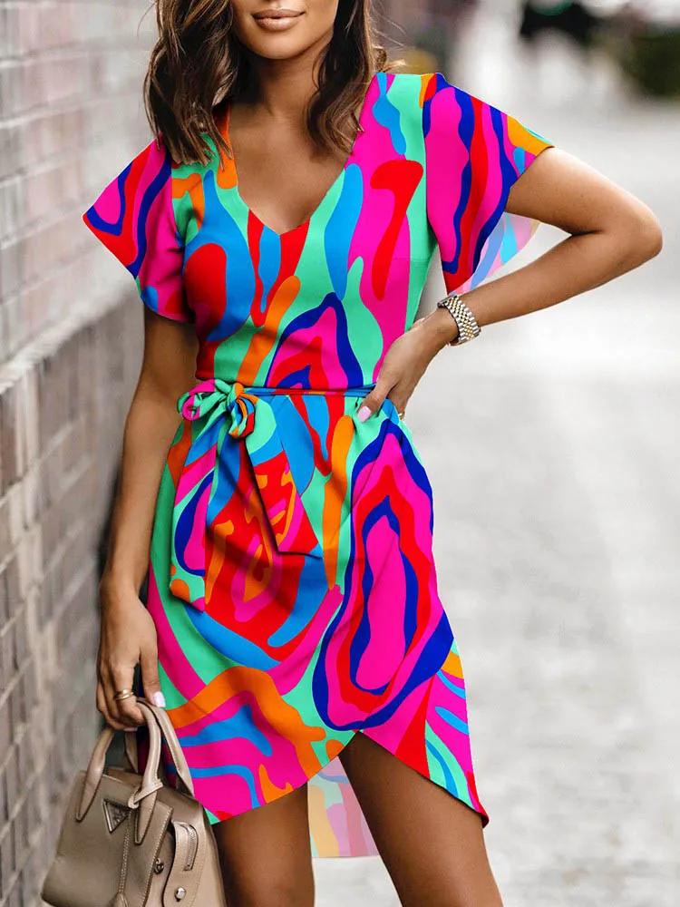 Женское платье с коротким рукавом и поясом повседневное мини-платье в стиле бохо