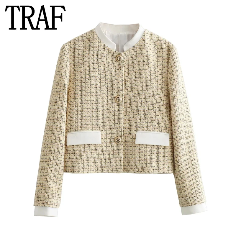 

TRAF 2023 Cropped Tweed Blazer Women Textured Autumn Short Jacket Woman Fashion Long Sleeve Office Wear Elegant Women's Blazer