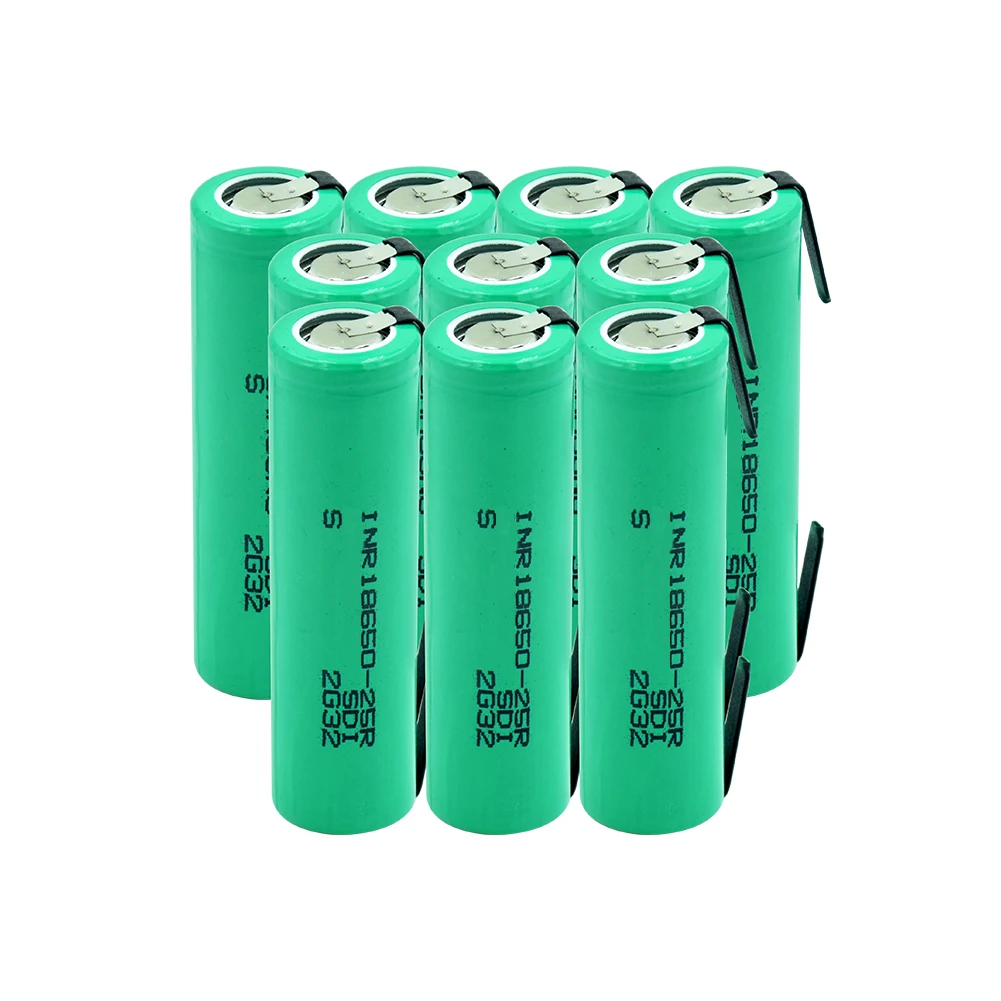 

Перезаряжаемые аккумуляторы 3,7 в, 2500 мАч, 20 А, литиевая батарея INR 18650-25R с никелевыми вкладками для фар, ффонарь ков