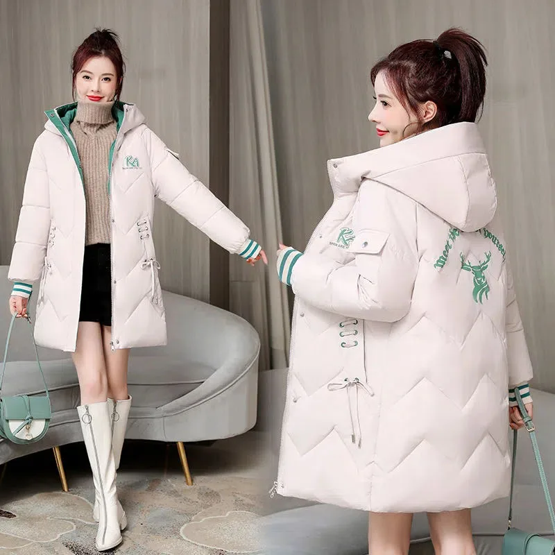 Winter Women's Medium And Long Thick Down Jacket Korean Fashion Casual Hooded Jacket Cotton Jacket Loose Printed Large Jacket
