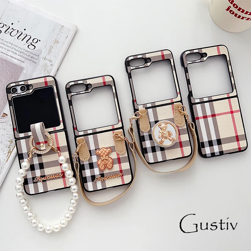 

Luxury Retro Rhombus Lattice Phone Case for Galaxy Z Flip 5 5G Z Flip5 Flip5 Zflip5 Flip 4 Shockproof Chain Bracelet Back Cover