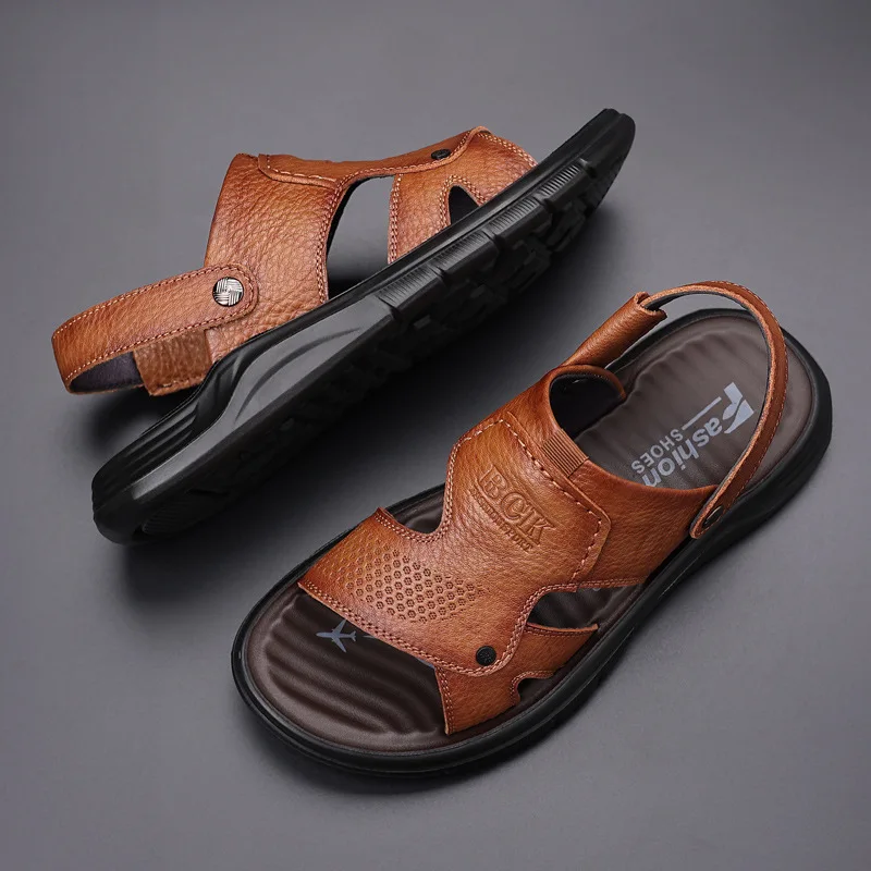 

2023 Summer New Men's Top Layer Cowhide Beach Shoes Fashion Casual Leather Slippers Men's Open Toe Sandals Replacement