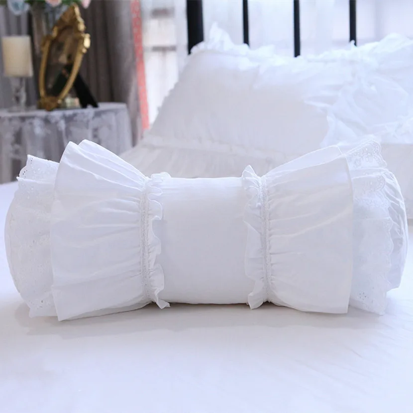 Cojín bordado blanco, almohada de cama decorativa, cojín de caramelo europeo, almohada lumbar de encaje con volantes de princesa, reposabrazos para sofá