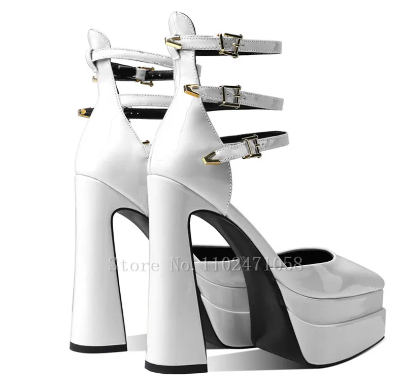 Fashion Women Pumps Patent Leather Chunky Platform Pointed Toe Hight Heels 14Cm Square Heels Ankle Buckle Strap Ladies Sandals