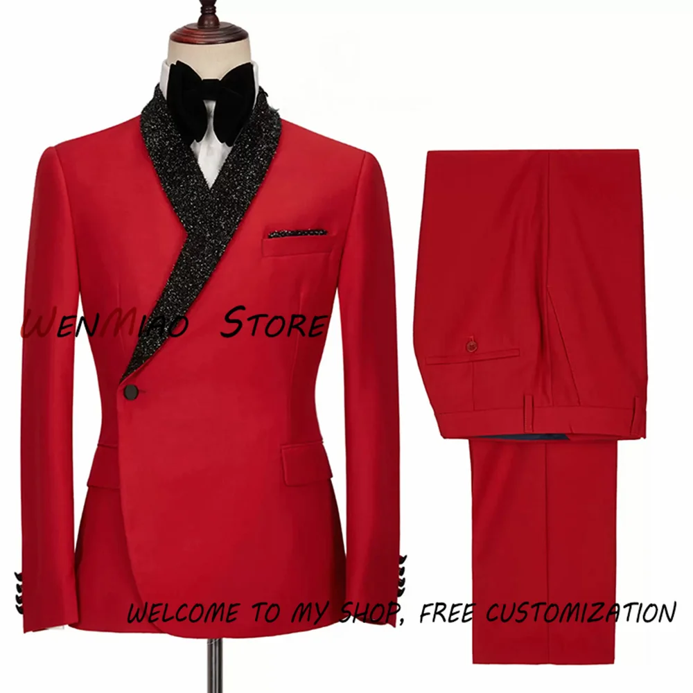Red Men's Suit 2 Piece Wedding Formal Tuxedos Groomsmen Jacket Set Shawl Collar Blazer Pants costume homme