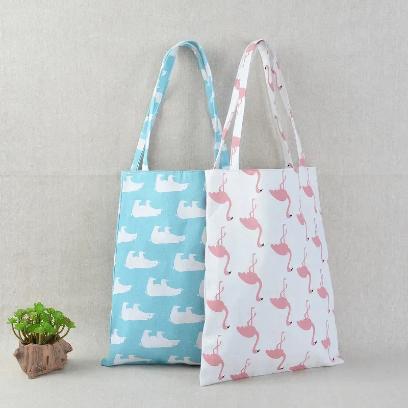 

Cartoon Cotton Linen Shoulder Bags Bear Flamingo Shopping Bags Outdoor Canvas Women Tote Pouch Grocery Storage Tote Bags