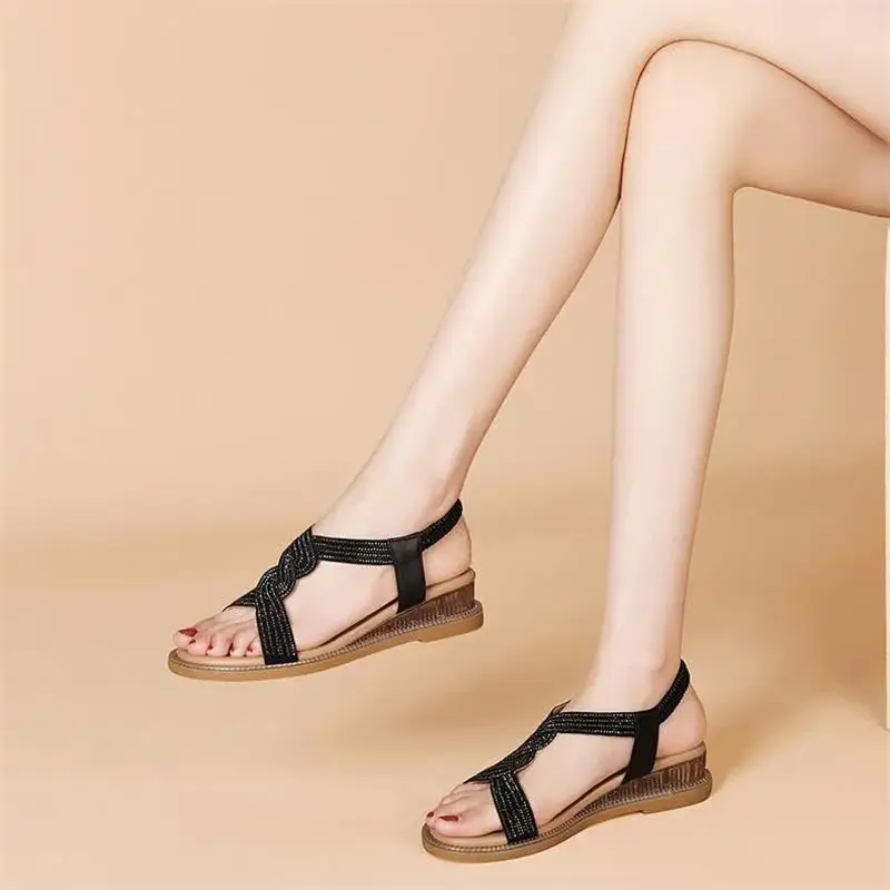 Slope Heel Sandals Women's Real Soft Leather 2022 Summer New Rhinestone Elastic Band Soft Bottom Low Heel Flat Bottom