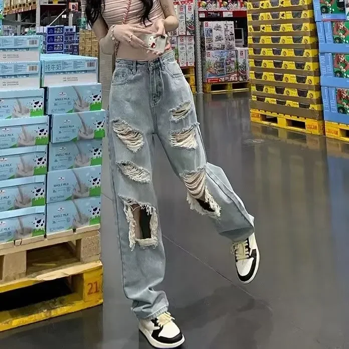 Женские прямые свободные джинсы Новинка весна/осень/зима 2024 Узкие рваные с