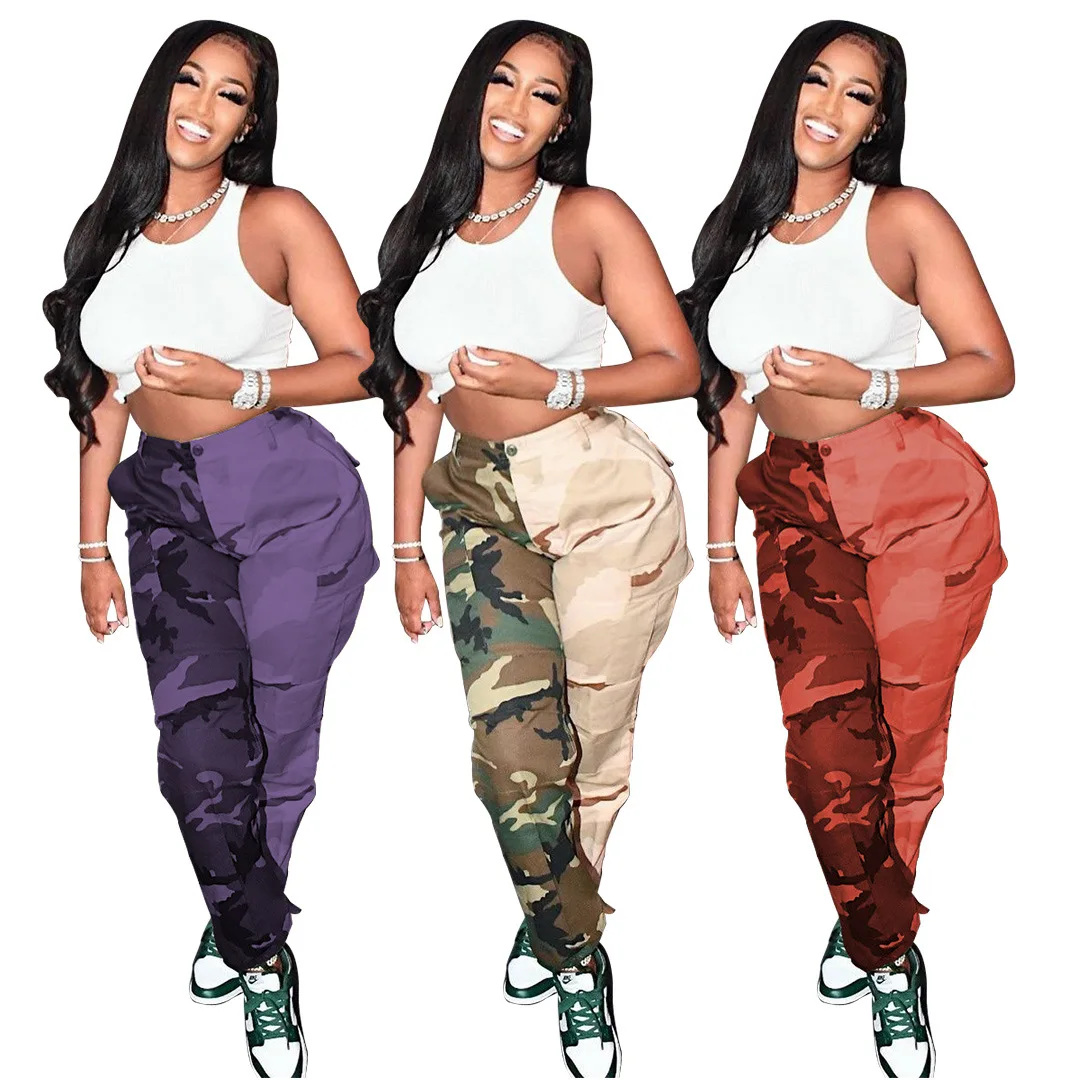 

Casual Print Overalls Women's High Waist Pants 2021 Summer Solid Color Street Clothes Loose Camouflage Printed Casual Pants