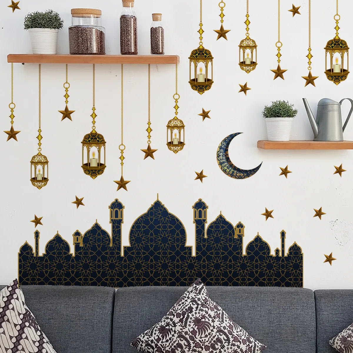 

1Set Moon Star Lantern Ramadan Kareem Wall Stickers DIY Wall Decal Eid Mubarak Decorations For Home Islamic Mosque Muslim Mural