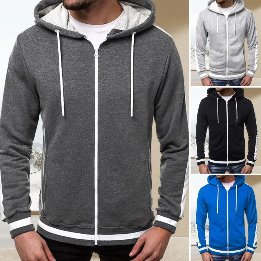 

Splicing Stripe Hoodie Coat Stylish Men's Hooded Sweatshirt with Contrast Color Splicing Stripe Design Fleece Lining Featuring